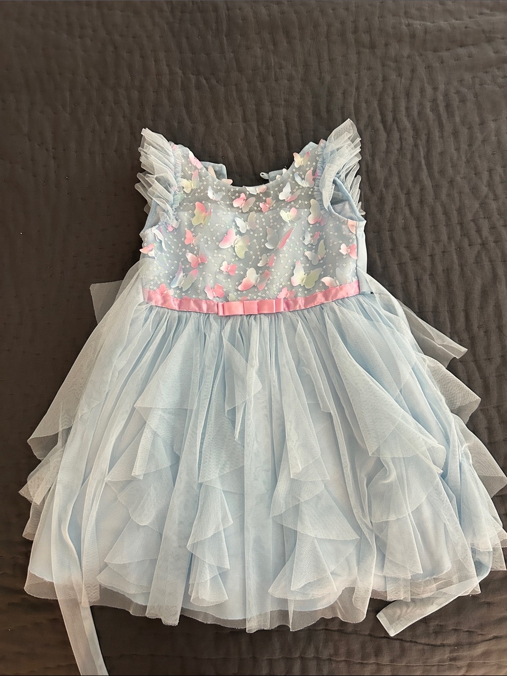 Jona Michelle Light Blue Tulle Dress with Pink Ribbon & Butterfly Accents